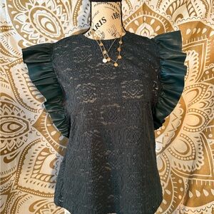 Marc New York Dark Green Lace Blouse with Ruffled Sleeves